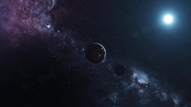 Distant Planet with Advanced Civilization. Alien Planet with a Meteor, Orbiting in a Cosmic Space, Framed by the Vibrant Hues of a Distant Nebula and the Cold Light of a Radiant Star. Foundation.