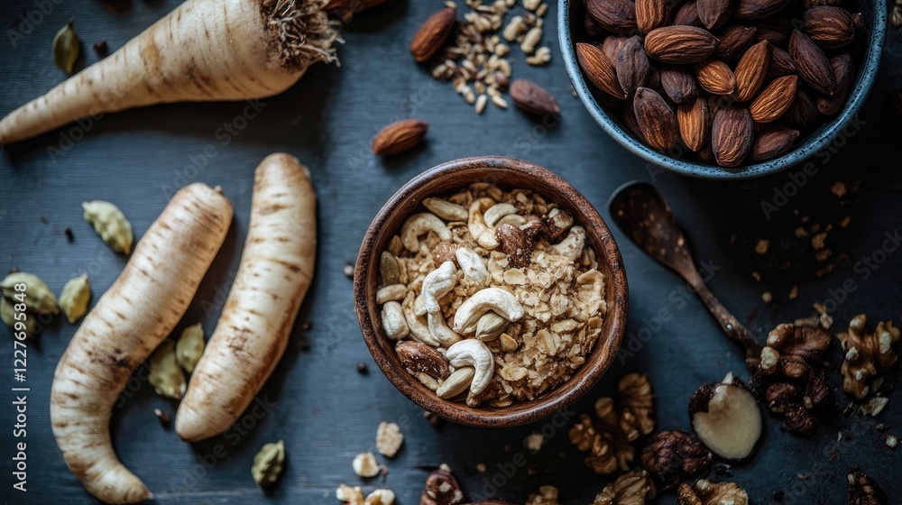 Poster assorted organic nuts and seeds with parsnip and cardamom on rustic table top for healthy eating and