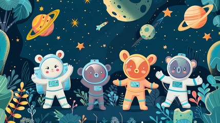 Adorable Forest Animals as Astronauts in Cartoon Style for Creative Projects