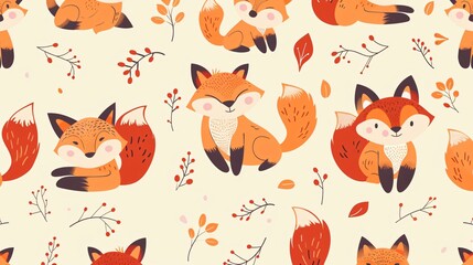 Adorable Seamless Pattern of Cartoon Style Cute Foxes in Vector Illustration