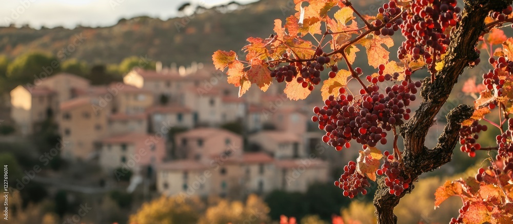 Poster vibrant red grapevine in autumn with a picturesque village in the background and ample blank space f