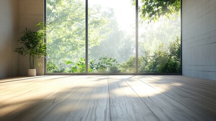 Minimalist Room Interior Featuring Wooden Flooring and Foliage View Highlighting Clean Lines and Pure Geometry with Abundant Natural Light