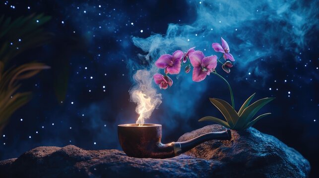 Orchid smoke from pipe against a starry sky representing creativity and imagination in a surreal artistic concept.