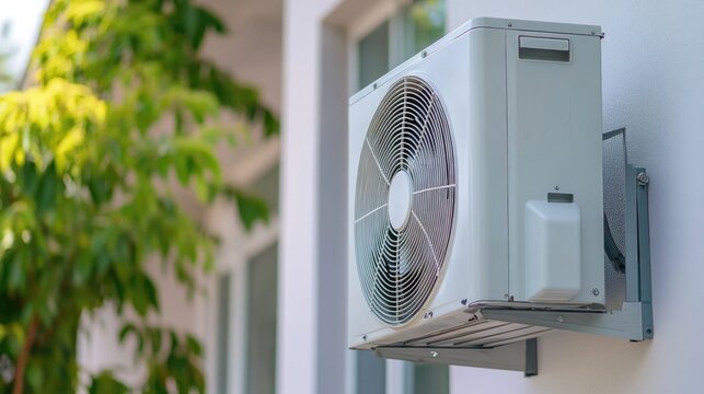 Outdoor Air Conditioning Unit Mounted on Wall in Residential Setting with Greenery Background