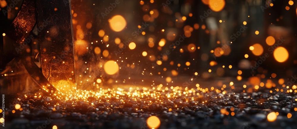 Poster blacksmith forging hot iron creating sparks in forge metalwork scene with copyspace for text and glo