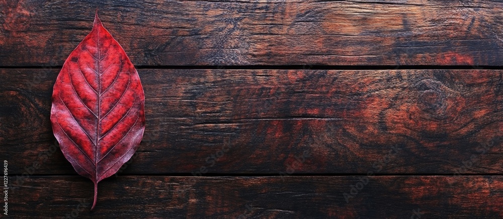 Poster red autumn leaf on dark rustic wooden background with ample empty space for text or graphics represe