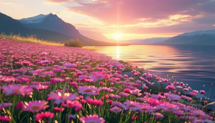 Obraz premium Vibrant flowers blooming by serene lake at sunset 