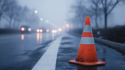 Orange traffic cone on wet road in foggy weather marking lane for safety amid low visibility conditions with blurred headlights in background