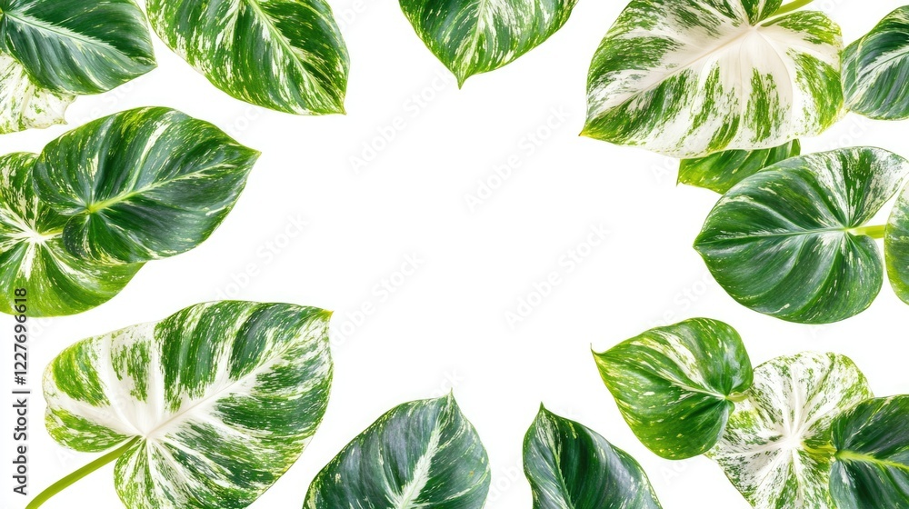 Poster philodendron birkin leaves with distinctive white patterns arranged in a circular layout on a clean 