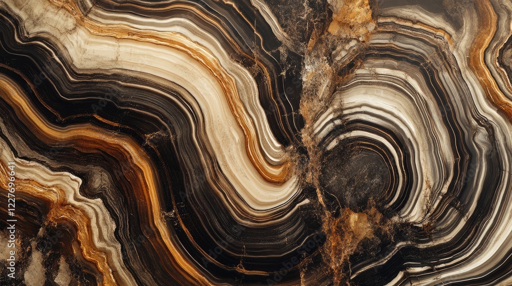 Poster petrified wood slice with intricate patterns and rich colors ideal for decorative backgrounds and de