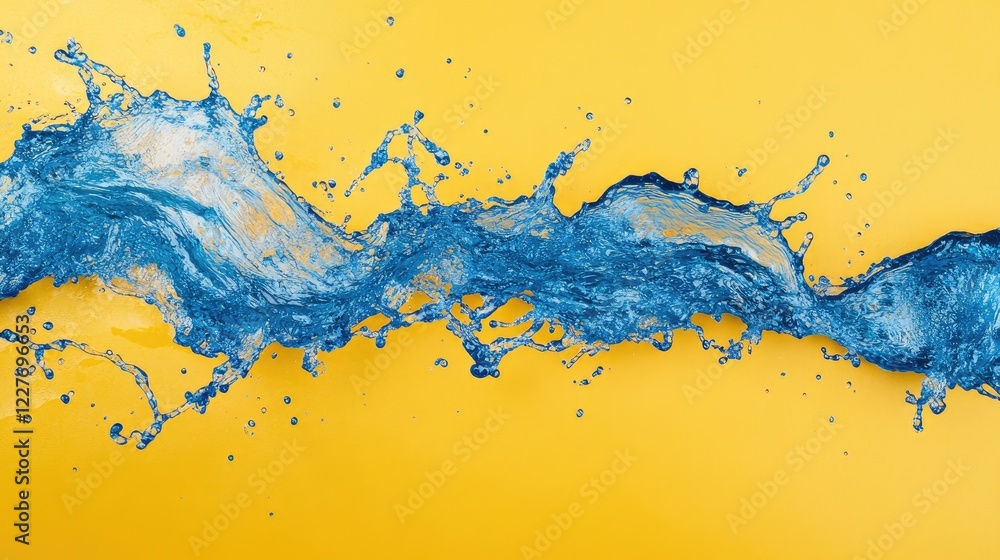 Poster splashing blue water on vivid yellow background creating dynamic fluid motion and vibrant visual con