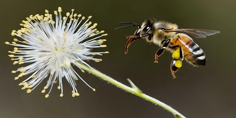 Honeybee in Flight Approaching White Flower Detailed Macro Photography of Pollination
