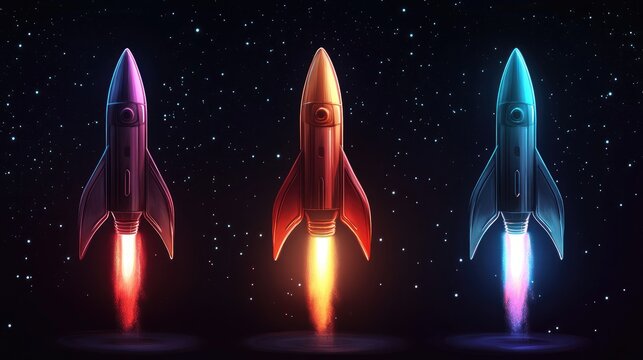 Colorful rocket ship icons with vibrant launch flames against a cosmic background symbolizing exploration and innovation in space travel.