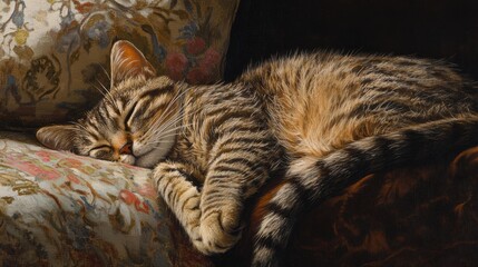 Cozy domestic cat peacefully napping on a floral couch showcasing its fur patterns and relaxed demeanor.