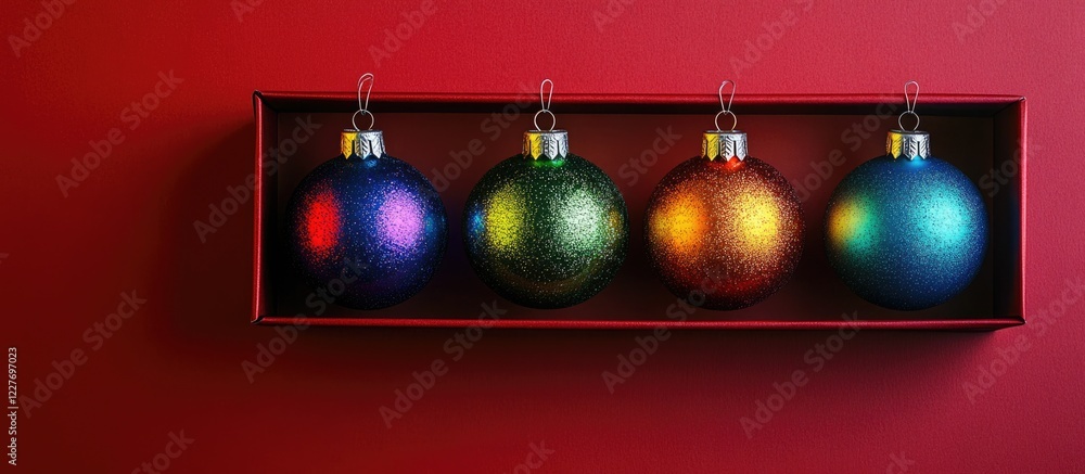 Aufkleber vibrant christmas ornaments in a box against a red background with empty space for festive text and 