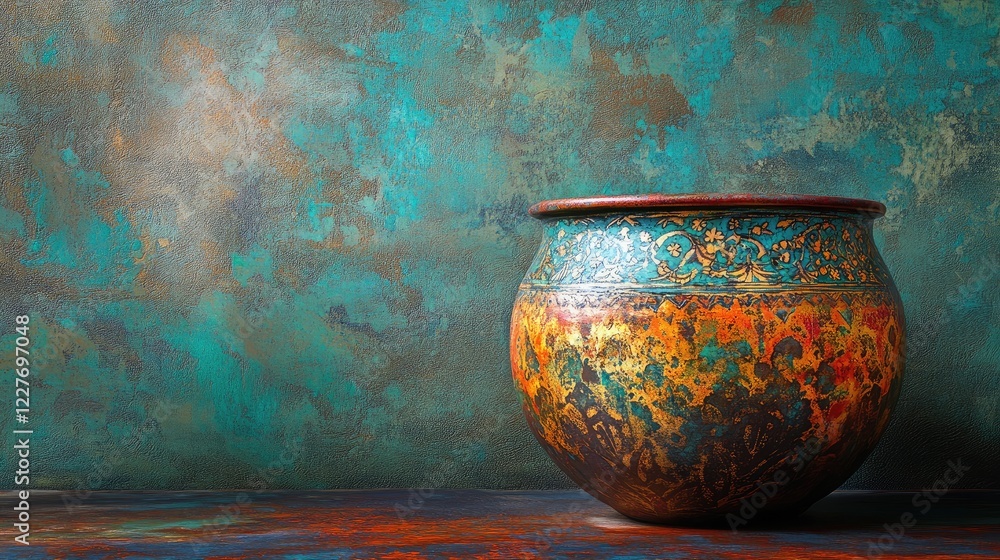 Poster ancient ceramic vessel with vibrant hues and intricate designs set against a textured background wit