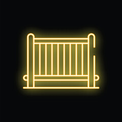Bright yellow neon baby crib icon glowing on black background