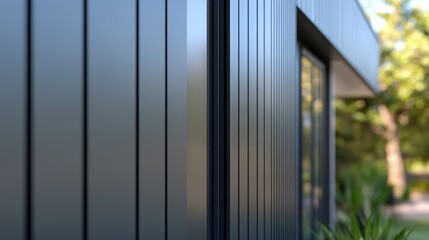 Gray vertical metal siding with standing seam detail showcasing modern architectural design and texture in an outdoor setting.