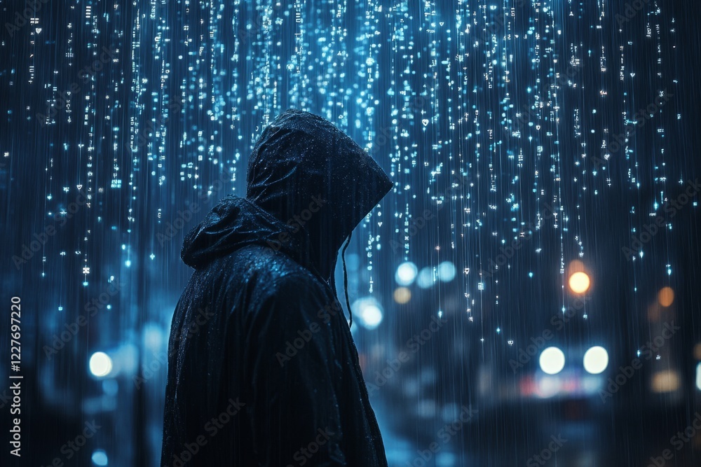 Poster person with raincoat standing under digital rain with binary code falling at night with city lights 