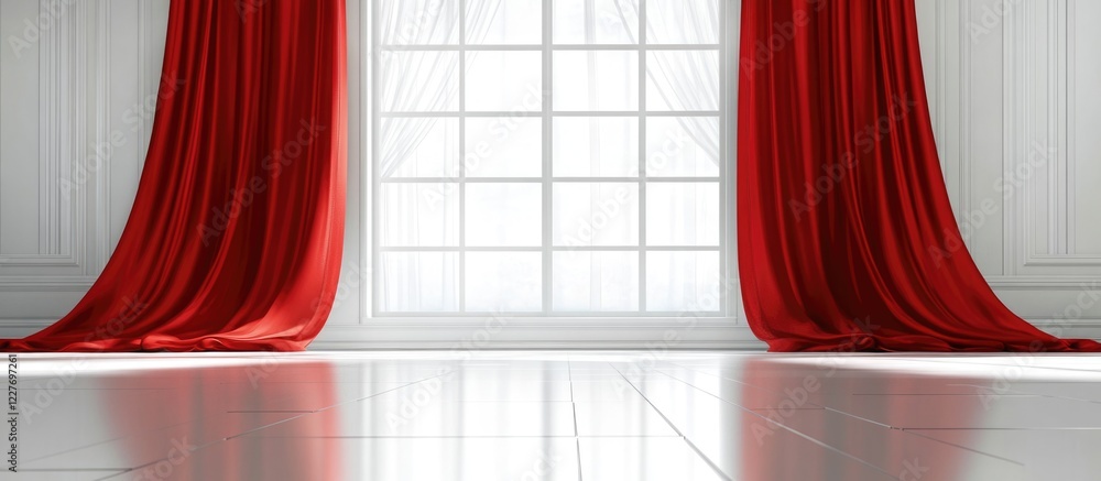 Poster red curtains framing a large window with a bright interior and ample blank space for text or design 