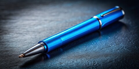 Blue Pen Mystery: Close-up of a blue pen on a dark, textured surface, positioned according to the rule of thirds, creating a sense of intrigue.