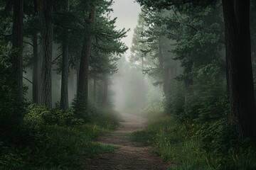 Fototapeta premium Misty forest path leading into the woods