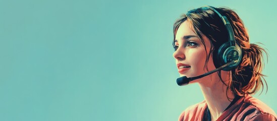 Focused female technical support representative with headset providing customer assistance on technical issues and offering copy space for text