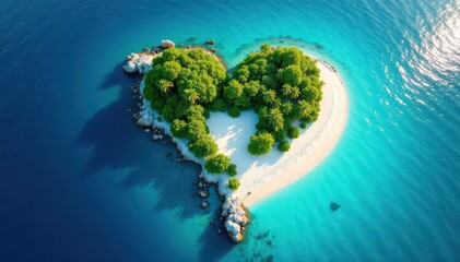 Heart-shaped landmass, white sand beach, vibrant coral reef, sun, ocean