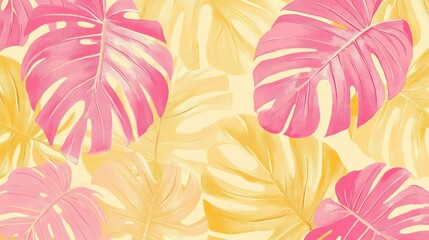 Naklejka premium Tropical Monstera Palm Leaves in Pink and Yellow Wallpaper Pattern for Vibrant Interior Decor