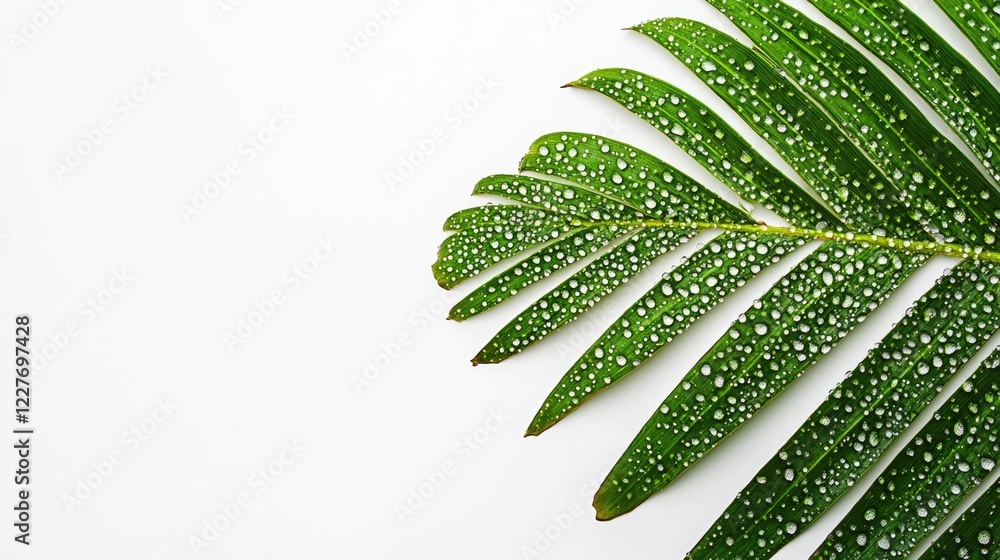 Poster tropical palm leaf with raindrops on a white background perfect for botanical prints and home decor 