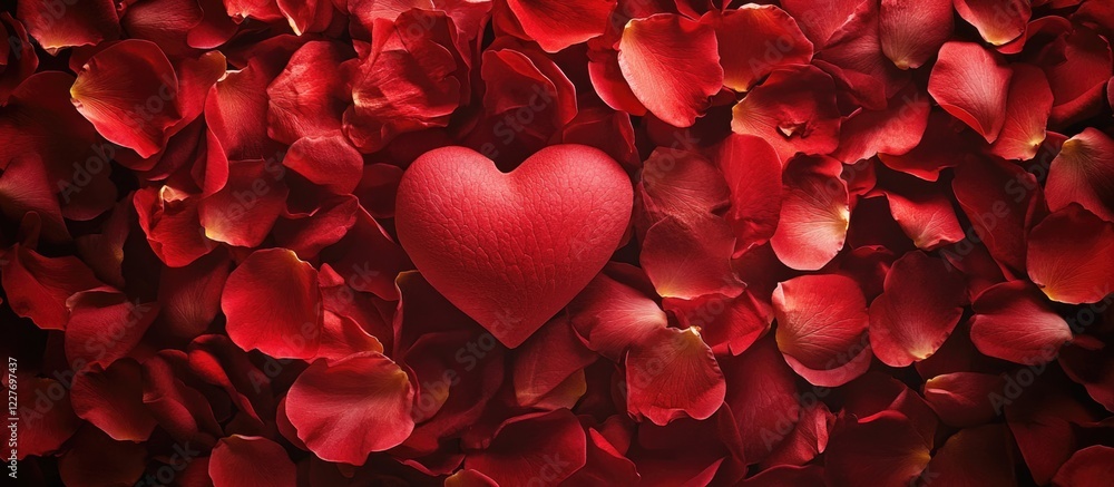 Poster red heart surrounded by rose petals creating a romantic background with space for custom text or mes