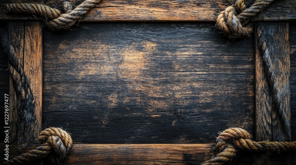 Poster aged wooden panel framed by rustic planks and rope creating a dark vignette for an artistic and vint