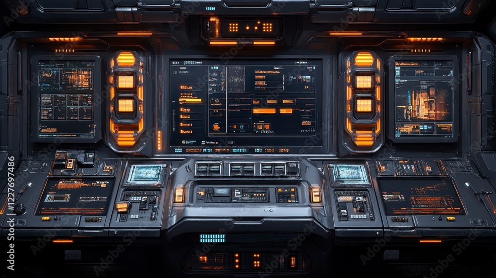 Aufkleber futuristic spaceship control panel with glowing orange and gray interfaces, detailed buttons, and sc
