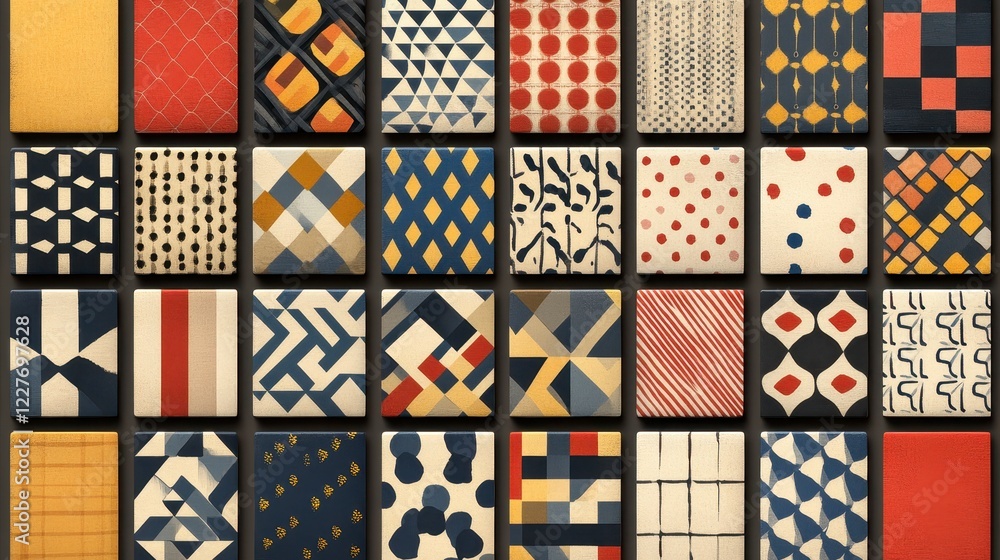 Poster collection of diverse square tiles showcasing various geometric and abstract patterns in red, blue, 