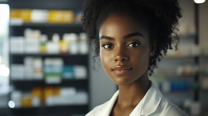 Professional Black Female Pharmacist Offering Expert Pharmacy Services in Modern Health Environment