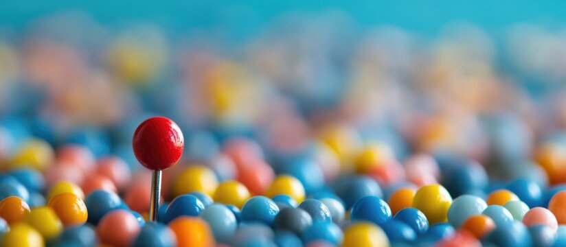 Colorful pushpin highlighting uniqueness in a cluster of similar objects with space for text or branding elements.