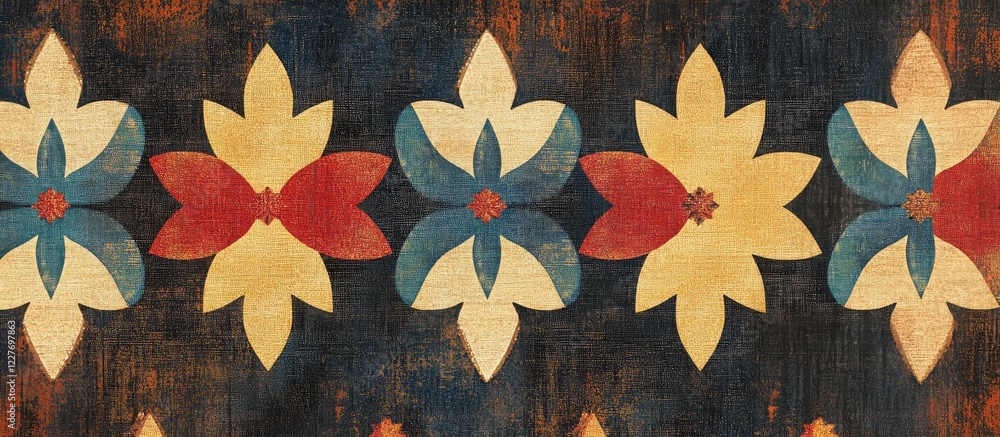 Poster embossed folk art fabric texture with stylized stars and floral patterns showcasing vibrant colors a