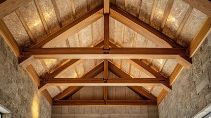 Obraz premium Interior View of Under-Construction Home Featuring Wooden Beams Stone Walls and Exposed Electrical Wiring Before Final Finishing Touches