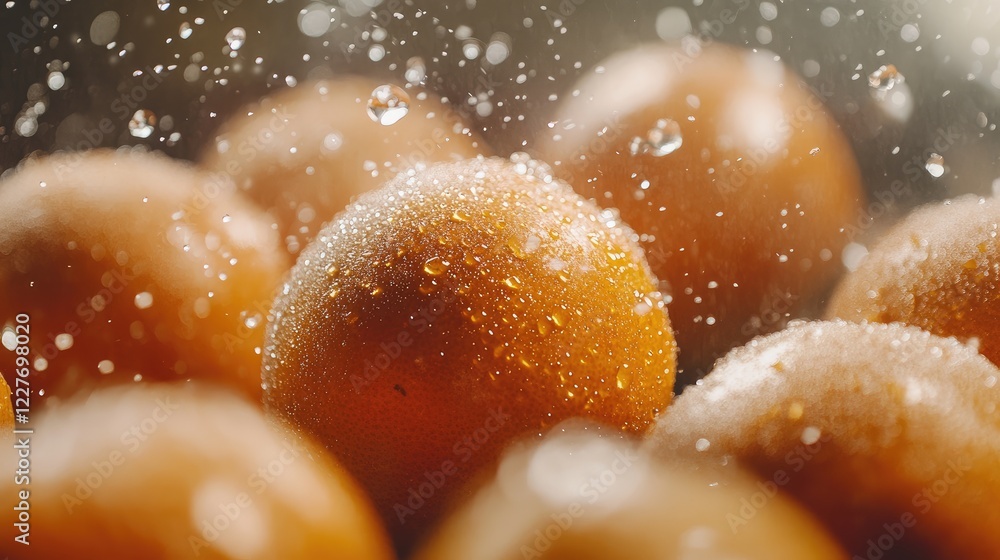Poster close-up of fresh oranges with shimmering water droplets splashing on them creating a refreshing and