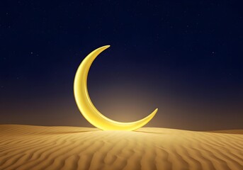 Fototapeta premium Golden crescent moon glowing on desert dunes.