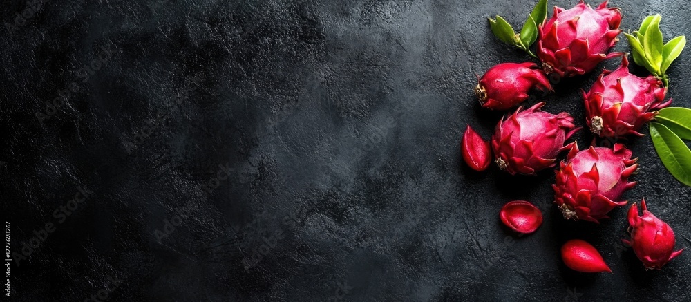Aufkleber fresh red dragon fruits arranged on a dark textured background with ample space for text or branding