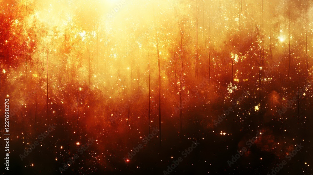 Poster abstract cosmic background with warm golden and red hues, featuring a textured, glowing effect and s
