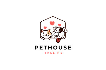 dog cat love pet house logo vector icon illustration