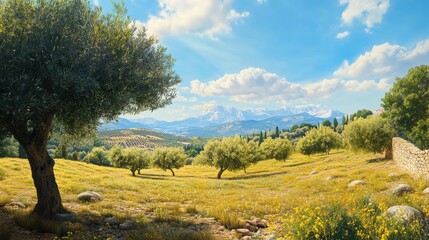 Fototapeta premium Scenic Olive Grove Landscape with Mountains and Blue Sky Ideal for Organic Olive Oil Promotion and Nature Themes