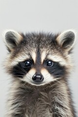 portrait cute baby raccoon looking straight standing fluffy white background