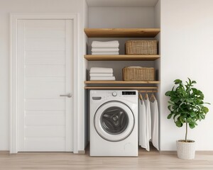 Tiny laundry nook with stackable washer and dryer, pullout drying racks, and hidden shelving
