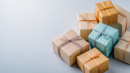 Fototapeta premium Pastel toned gift boxes with ribbons on light background