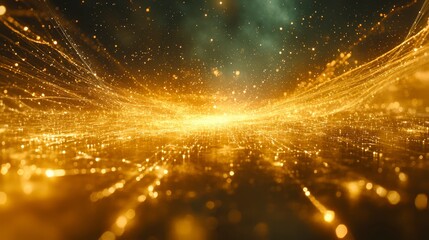 Fototapeta premium Abstract background with glowing gold particles and streaks of light, set against a dark, nebula like backdrop. The image evokes a sense of energy