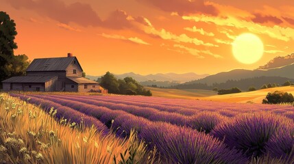 Serene Lavender Field at Sunset with Rustic Barn in Background