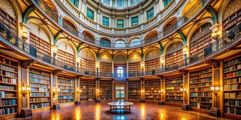 Naklejka premium Architectural photography showcases a panoramic circular room, filled with massive bookshelves.